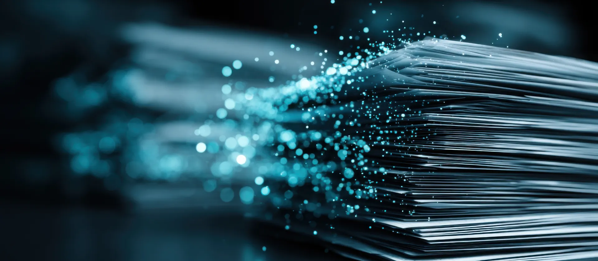 Künstlerischer Stapel von Büchern mit Bewegungsunschärfe-Effekt, der einen fortschrittlichen KI-Algorithmus darstellt, der sich aus leuchtenden Dokumenten entwickelt