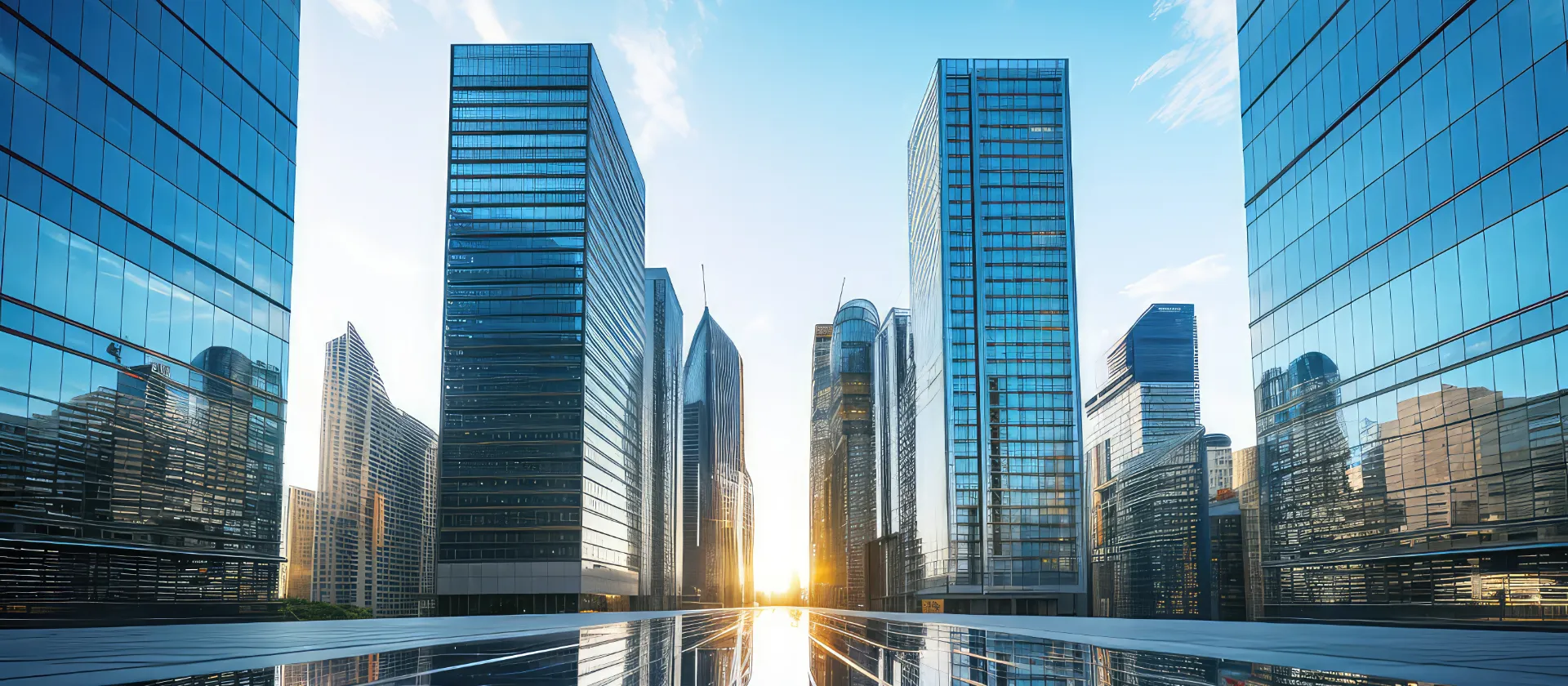 Reflective skyscrapers, business office buildings. low angle view of skyscrapers in city, sunny day.