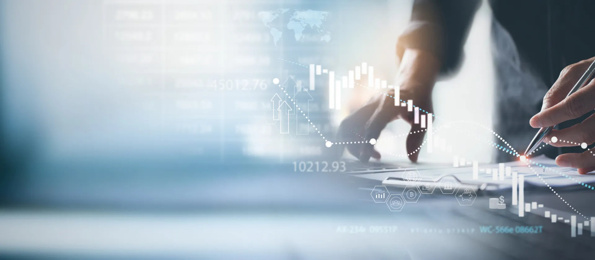 webpage header for msg global promoting FPSL solution with a person working on financial charts and interactive elements.