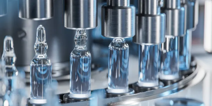 Ampullen mit Flüssigkeiten in einem Biotech- oder Pharma-Betrieb