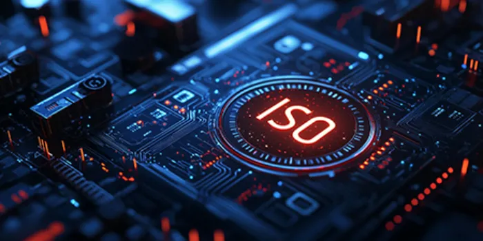 Futuristische ISO-Norm-Zertifizierung auf einer High-Tech-Leiterplatte