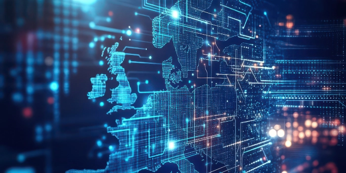 Aerial view of Europe illuminated by digital connections 