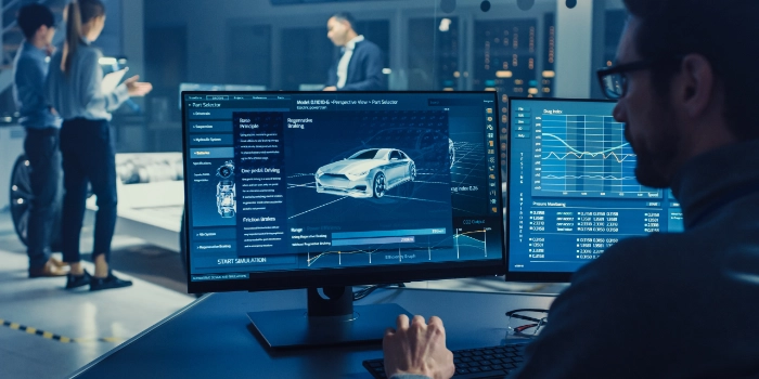 Entwickler designt am PC ein neues Modell eines PKW, Thumbnail für die Branche Automotive