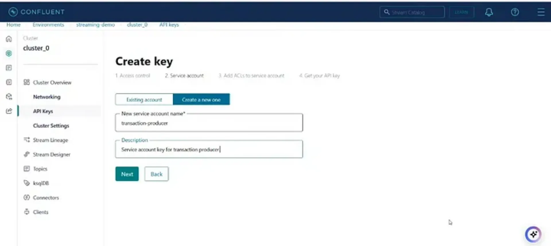 Confluent Cloud UI showing the "Create key" screen with fields for service account name and description, and navigation steps for creating an API key.