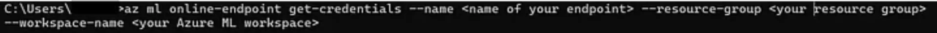 Screenshot of an Azure CLI command to retrieve credentials for an Azure ML online endpoint. The command uses parameters for endpoint name, resource group, and workspace name.