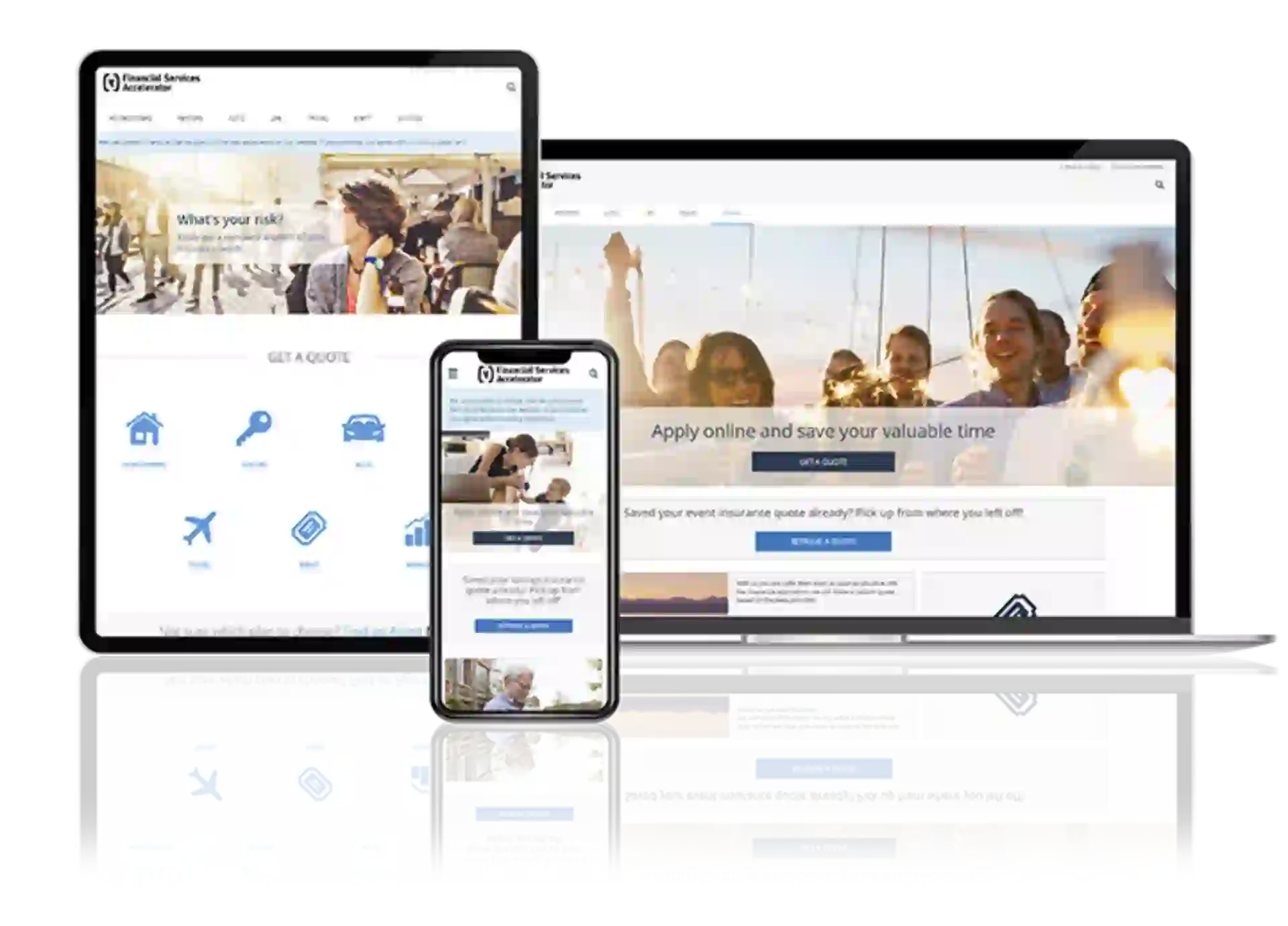 Mockup einer responsiven Versicherungs-Website auf Laptop, Tablet und Smartphone. Die Website zeigt ein modernes Design mit einem Angebot zur Online-Antragstellung und Versicherungsangeboten."