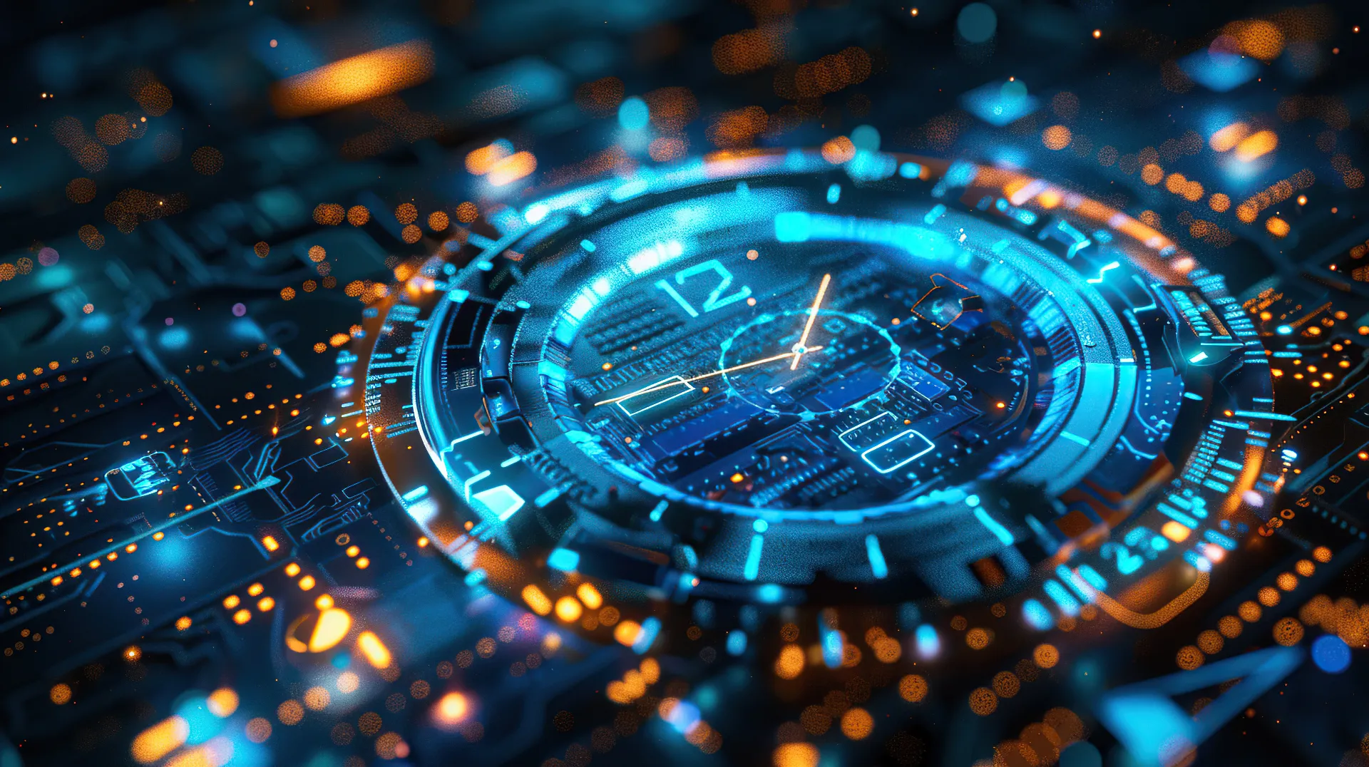 Close-up of a futuristic digital clock interface glowing in blue and orange tones on a high-tech circuit board background. The image features illuminated time markers, abstract data elements, and floating light particles, symbolizing time management, digital connectivity, and advanced technology in a modern business environment.