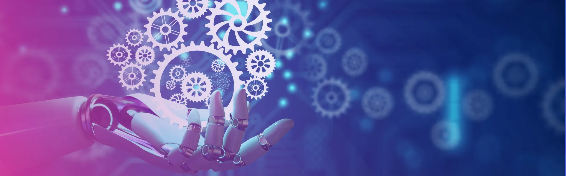 Roboterhand hält mehrere angedeutete Zahnräder in den Händen, sinnbildlich für Cognitive Process bei msg