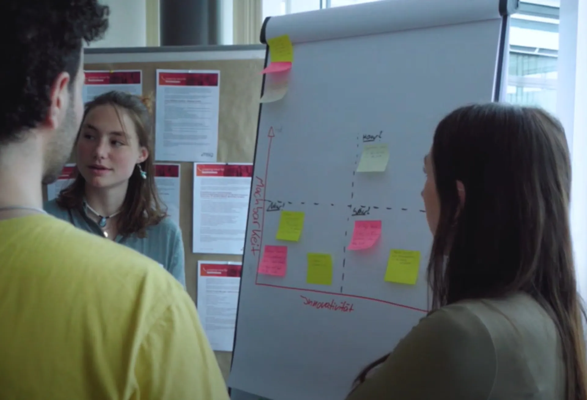Eine gemischte Gruppe Studierender während des Design Thinking Trainings besprechen sich vor einem Flipchart mit Haftnotizen