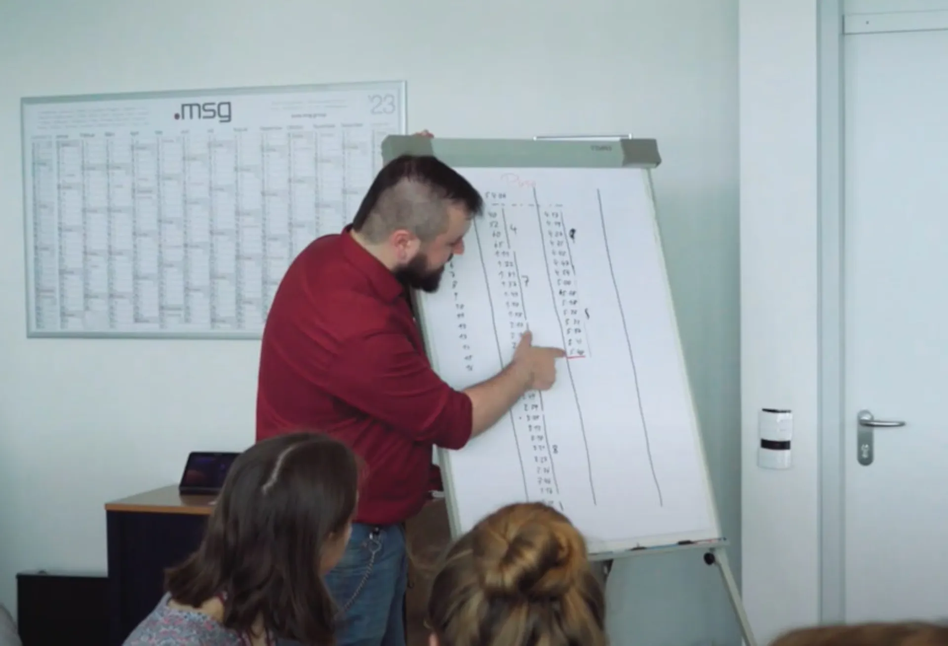 ein msg-Kollege und Kanban-Trainer erklärt den Studierenden etwas an einem Flipchart