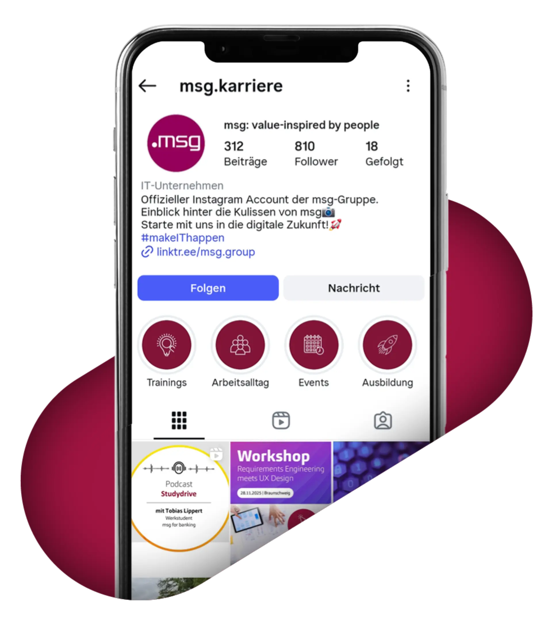 Smartphone, das den Instagram-Kanal von msg zeigt