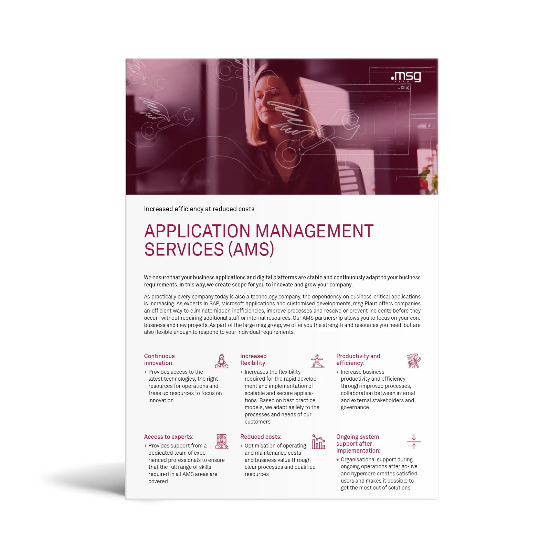 The graphic shows the mockup of the Application Management Services flyer, which is available for download.