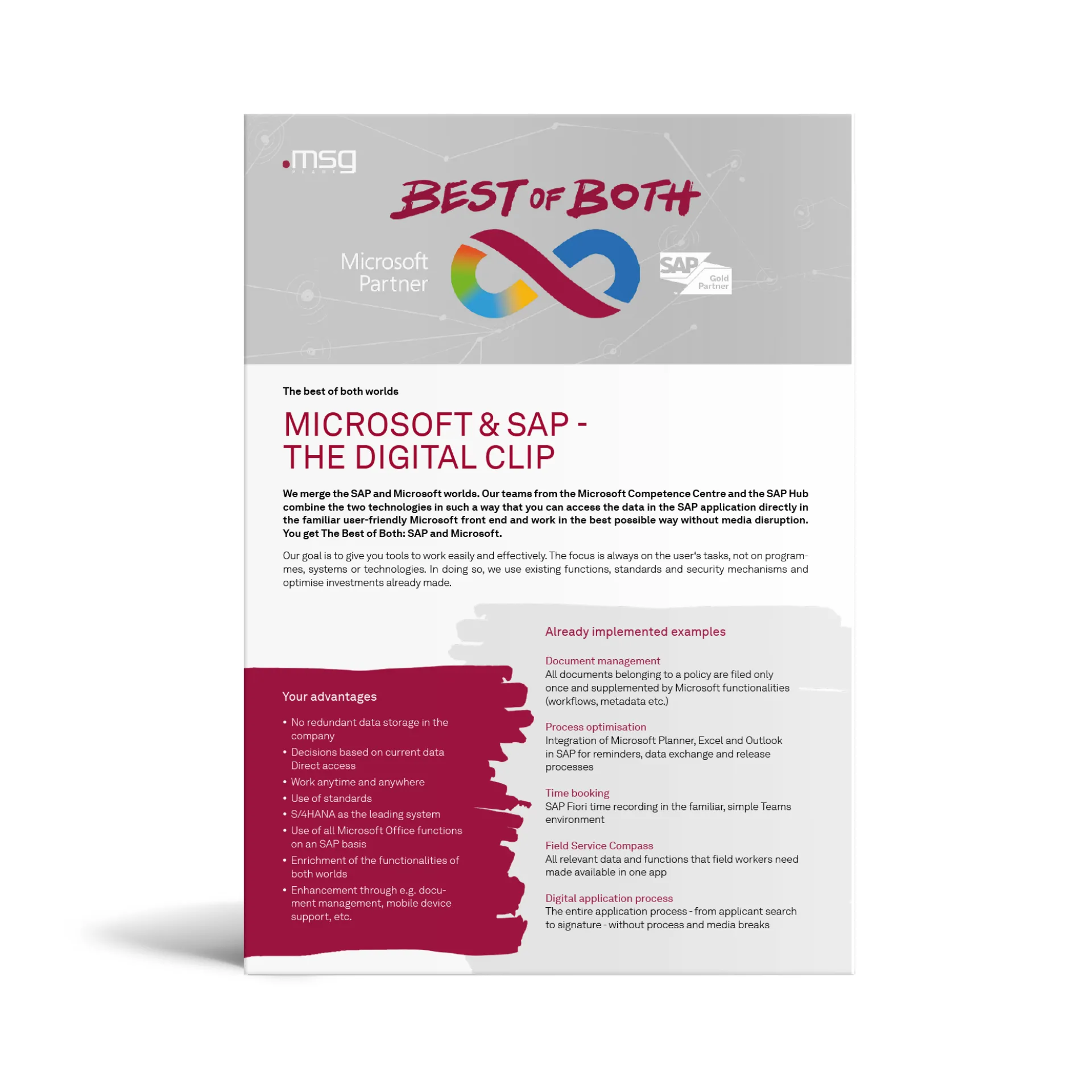 Flyer showcasing the integration of Microsoft and SAP solutions by msg Plaut, highlighting benefits like document management, process optimization, and time booking.