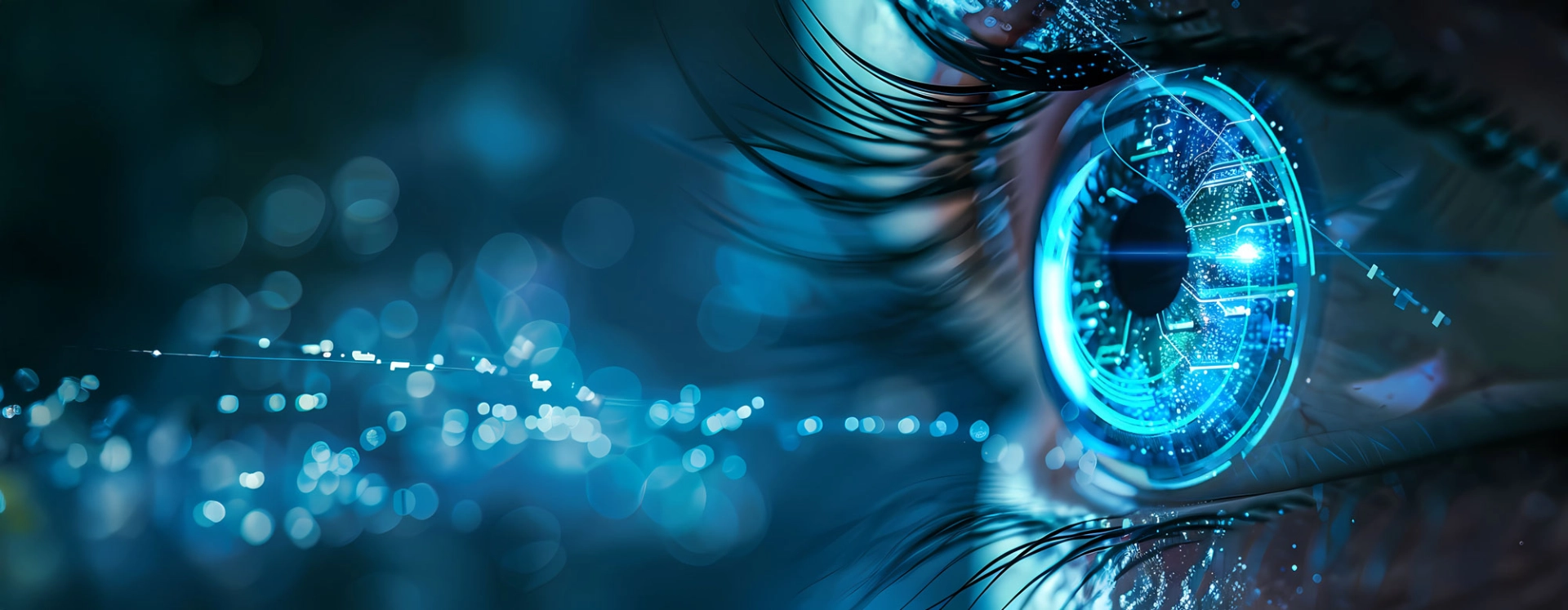 Symbolic image for  AI Compliance Framework: Close-up of a blue eye with digital structures – symbolizing AI-powered compliance monitoring