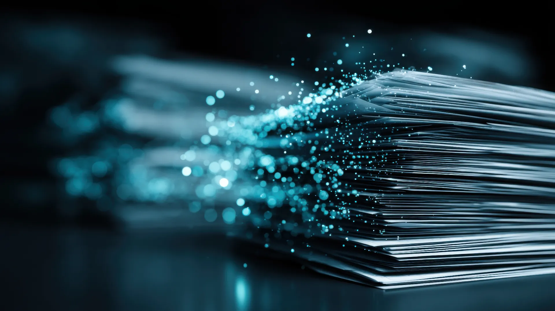 Künstlerischer Stapel von Büchern mit Bewegungsunschärfe-Effekt, der einen fortschrittlichen KI-Algorithmus darstellt, der sich aus leuchtenden Dokumenten entwickelt