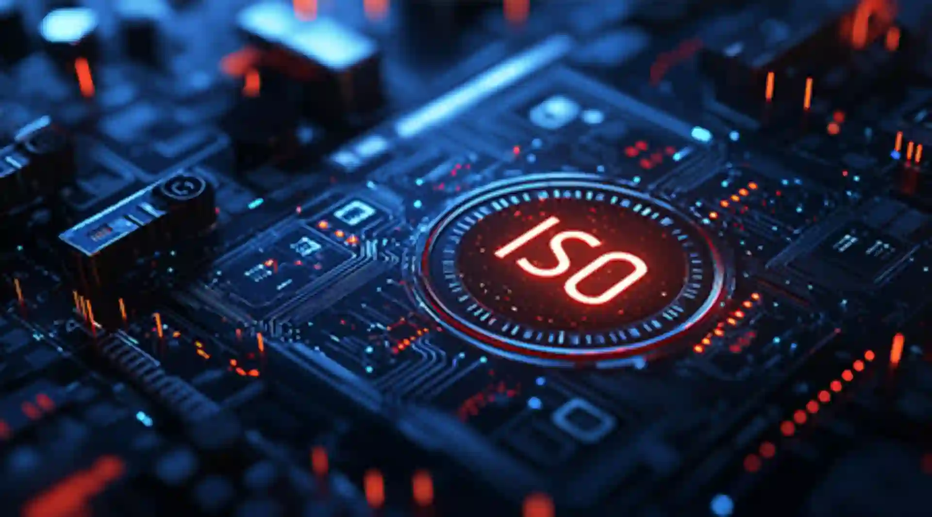 Futuristische ISO-Norm-Zertifizierung auf einer High-Tech-Leiterplatte